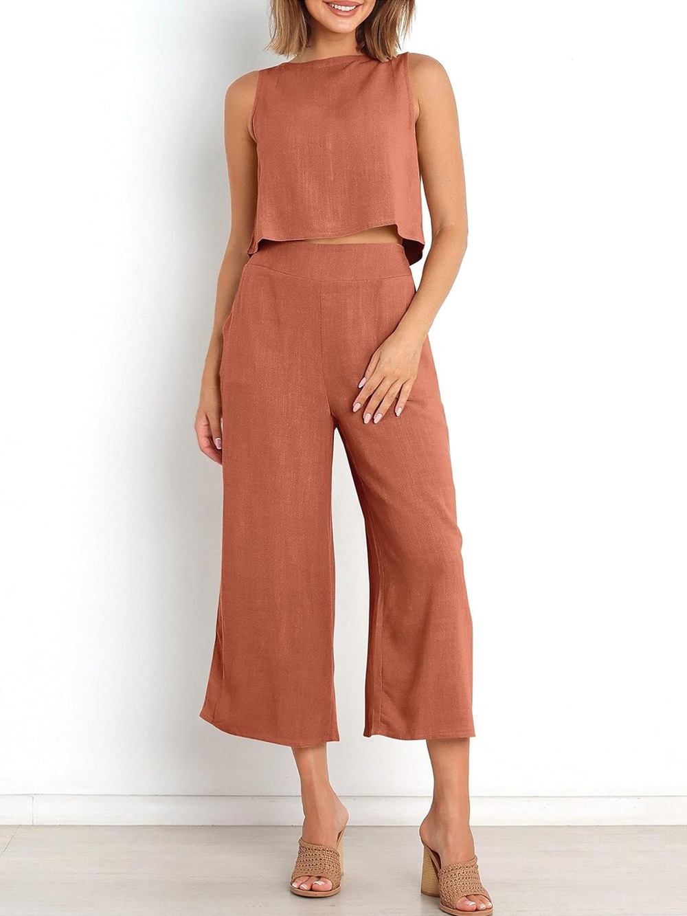 Terracotta Linen Button-Back Tank and Wide Leg Pant Set - Picture 4 of 16